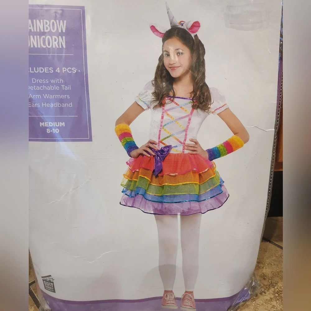 Rainbow Unicorn Costume Kids Girls Halloween Dress Up Size Medium 8-10 YRS *NEW*